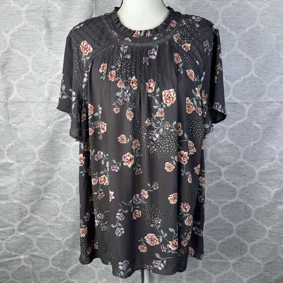 Torrid Size 3 Floral Pleated Ruffle Neck Short Sleeve Top Blouse Womens Plus 3X - Picture 1 of 7